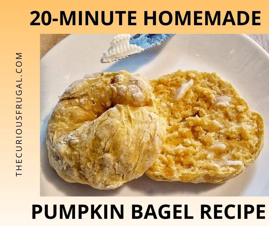 20-minute homemade pumpkin bagel recipe (pumpkin bagel sliced in half with butter slathered on and knife with butter on it)