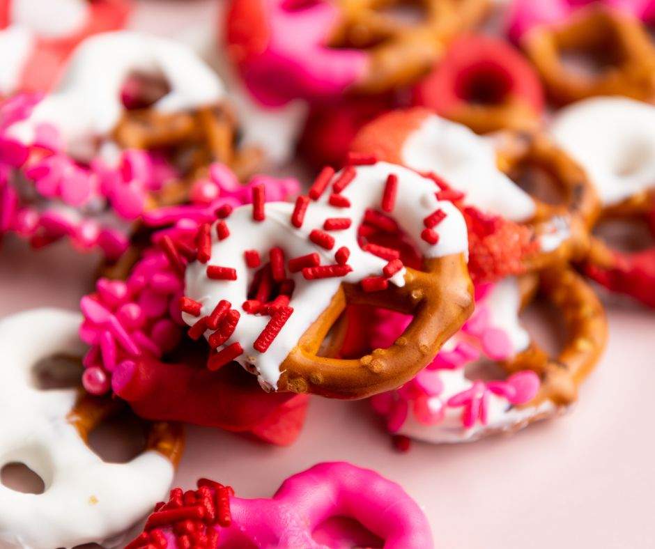 Valentine's Day Pretzels with chocolate and sprinkles