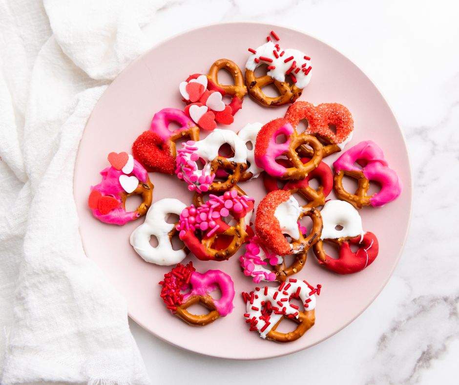 Valentine's Day Pretzels with chocolate and sprinkles