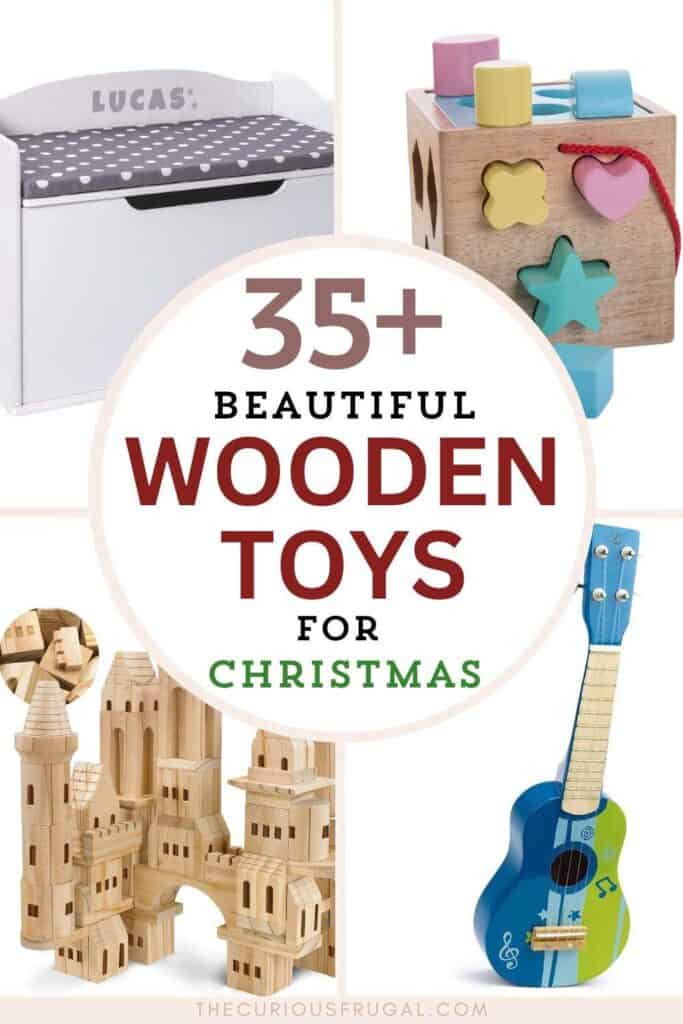 Are you looking for high quality non plastic toys for kids? Wooden toys for kids can be sturdier, more eco-friendly, and non-toxic than plastic toys. This list gives so many fun ideas of natural wood toys kids will love! Gift ideas for Christmas, stocking stuffers, birthday gifts, baby shower gifts, and more. | wooden toys for toddlers | wooden toys for babies | wooden toys for girls | wooden toys for boys | Montessori wooden toys | educational wooden toys | wooden blocks | best wooden toys | natural childrens wooden toys |